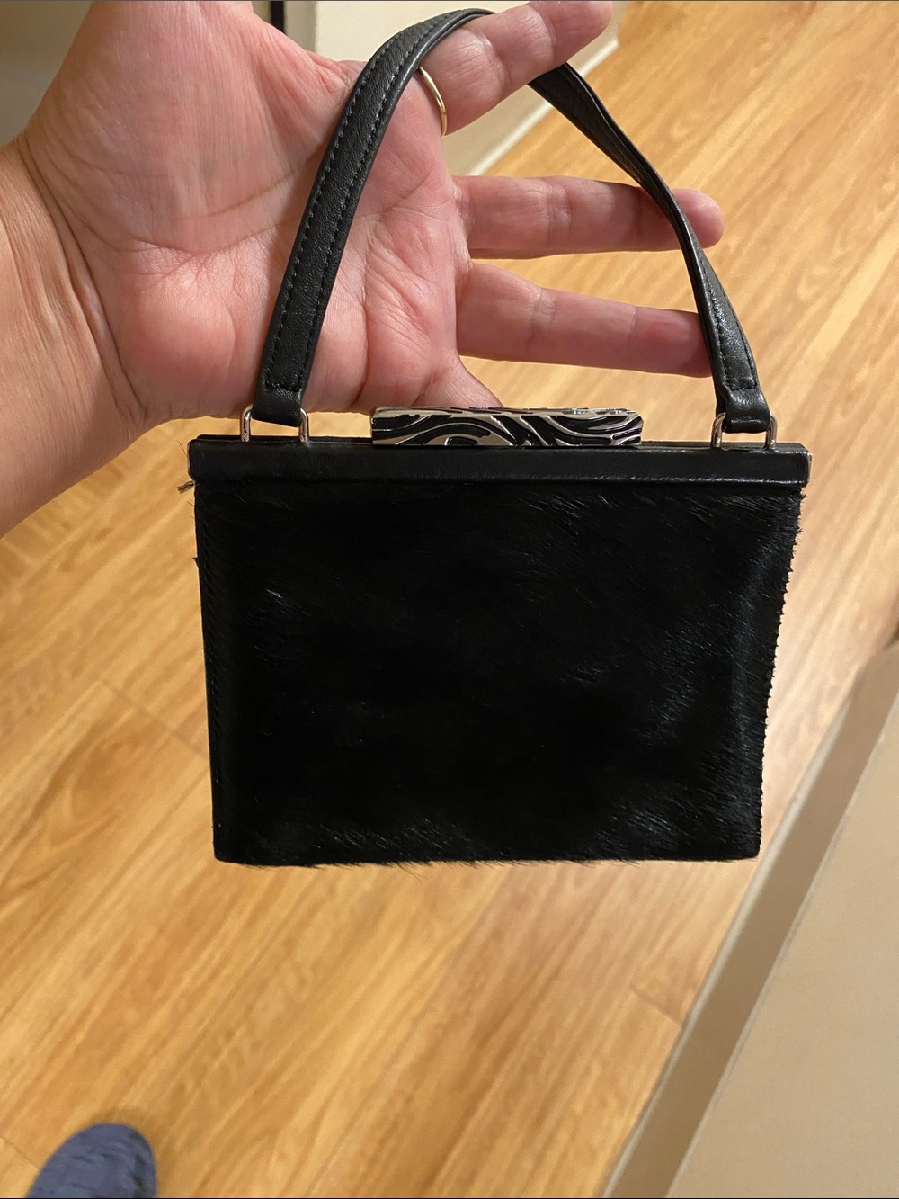 Vintage Adrienne Vittadini Black Faux Fur Top-Handle Clutch